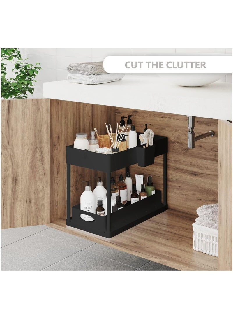 eBasket (2 pieces) Multi-purpose organizers under the sink storage units - 2-tier sliding shelf organizer for bathroom and kitchen with hooks and hanging cups, under-sink storage rack for home (black) - Image 2